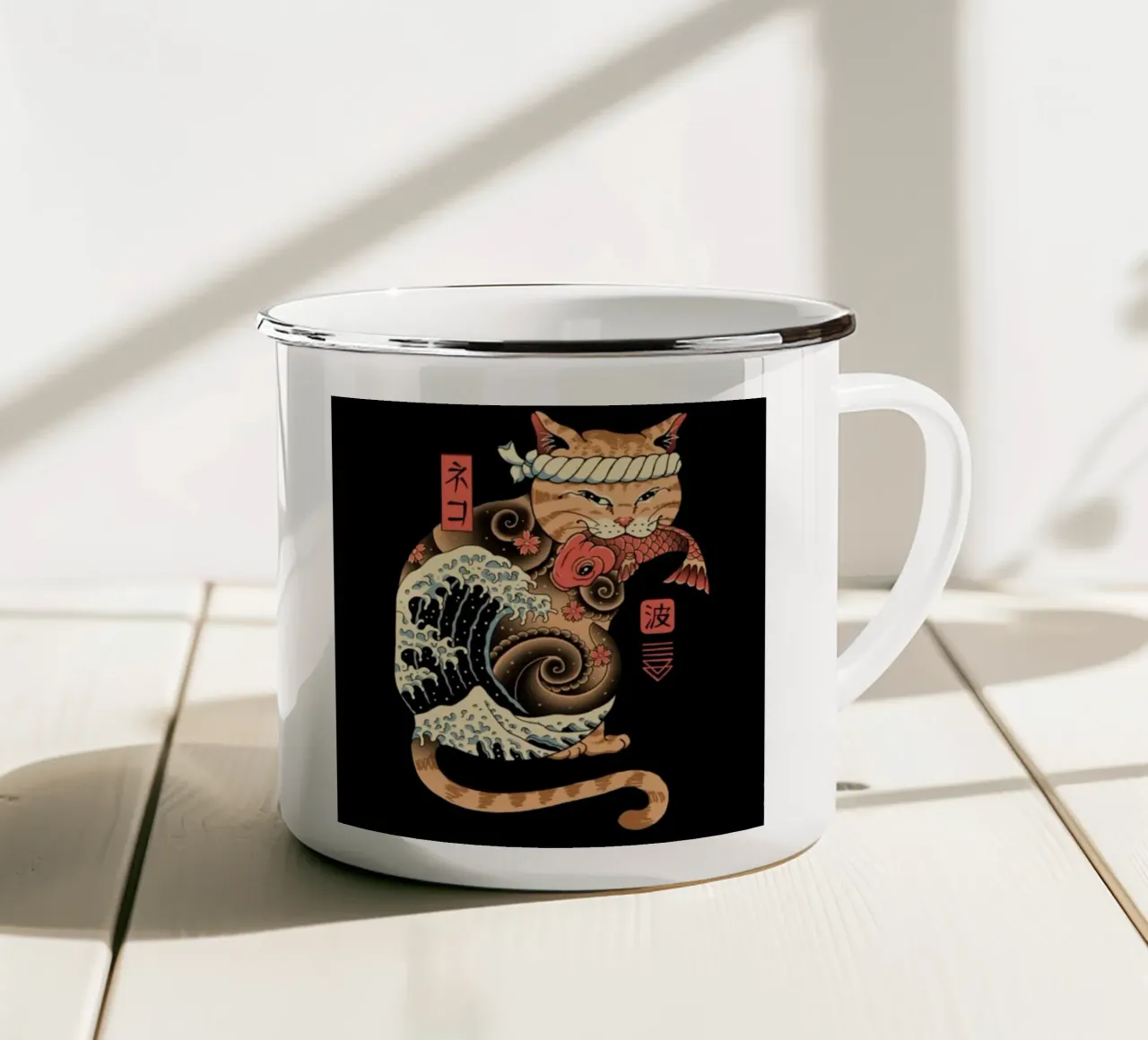 Neko Cat Fish Wave tazza in smalto da Michel Studio