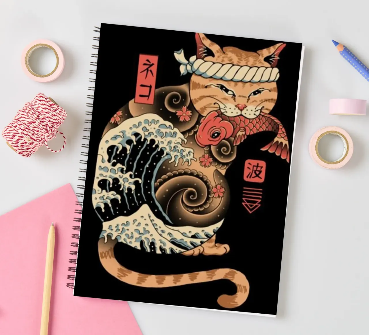 Neko Cat Fish Wave spiral notebook by Michel Studio