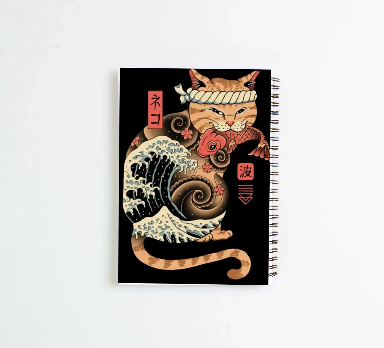 Neko Cat Fish Wave spiral notebook by Michel Studio