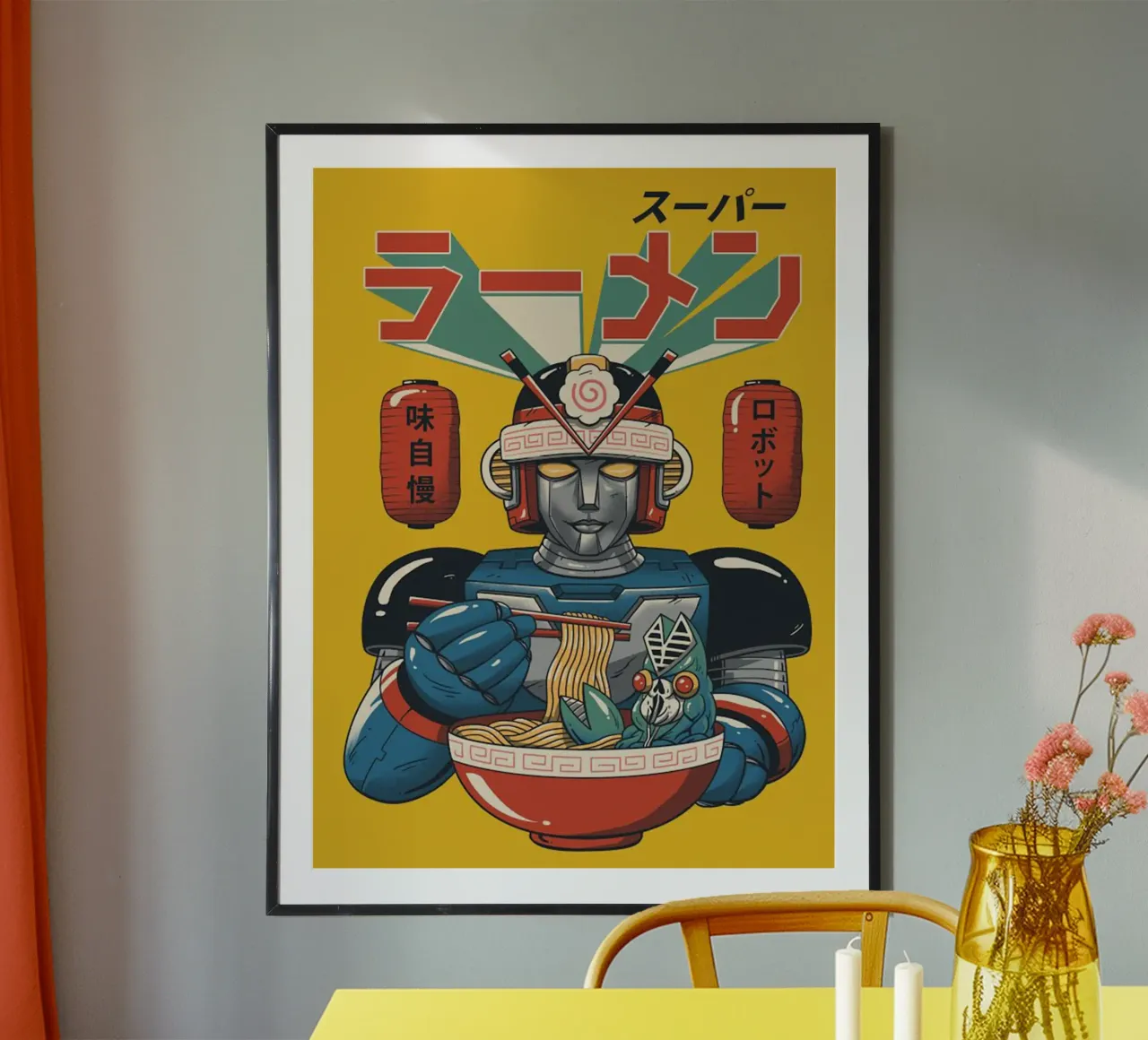 Segreti di successo Neko Ramen poster con telaio in alluminio da Michel Studio