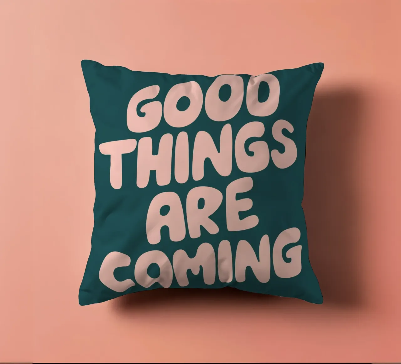 Good Things are Coming Optimistic Typography Print Green decorative cushion by THE MOTIVATED TYPE