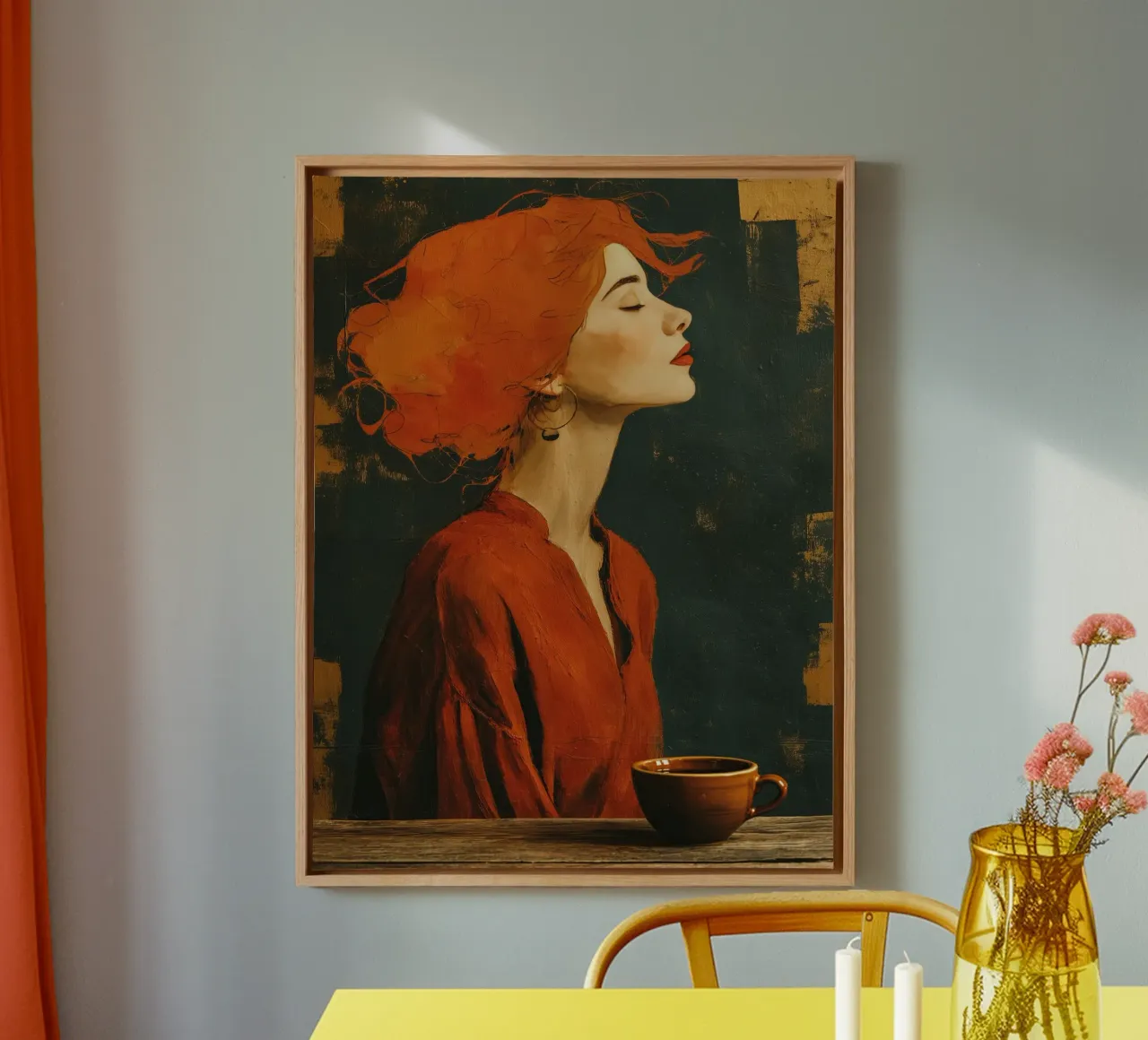 Donna con una tazza di caffè | Tecnica mista tela con Cornice a cassetta da Autofocus