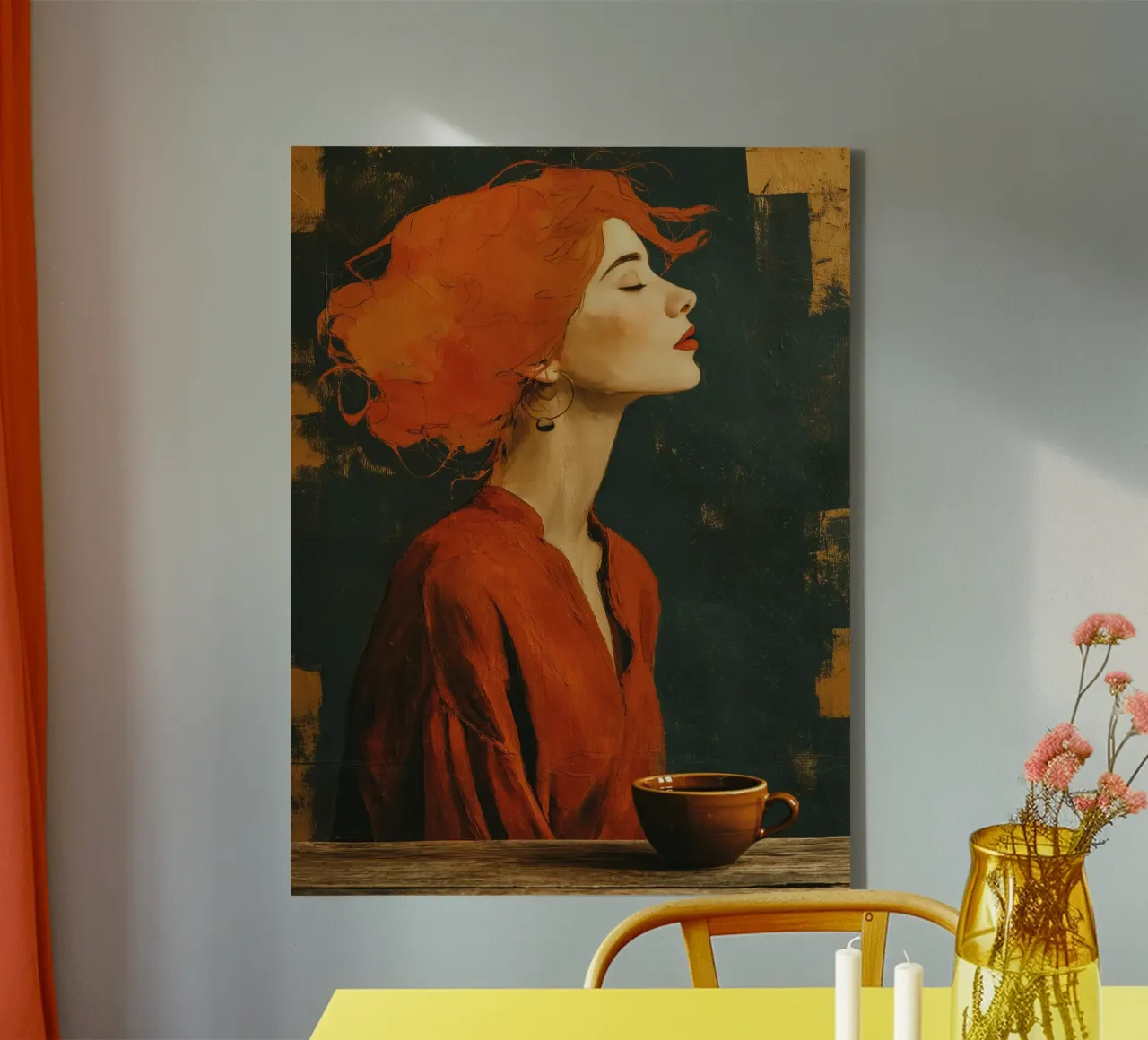 Donna con una tazza di caffè | Tecnica mista tela con Cornice a cassetta da Autofocus