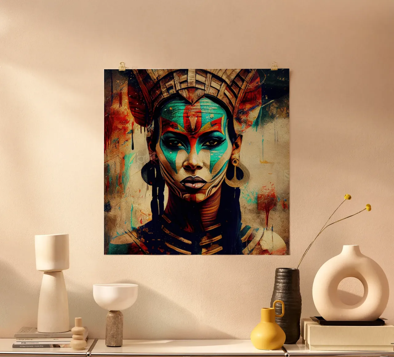 Puissante femme guerrière égyptienne poster avec cadre en bois de Chromatic Fusion Studio