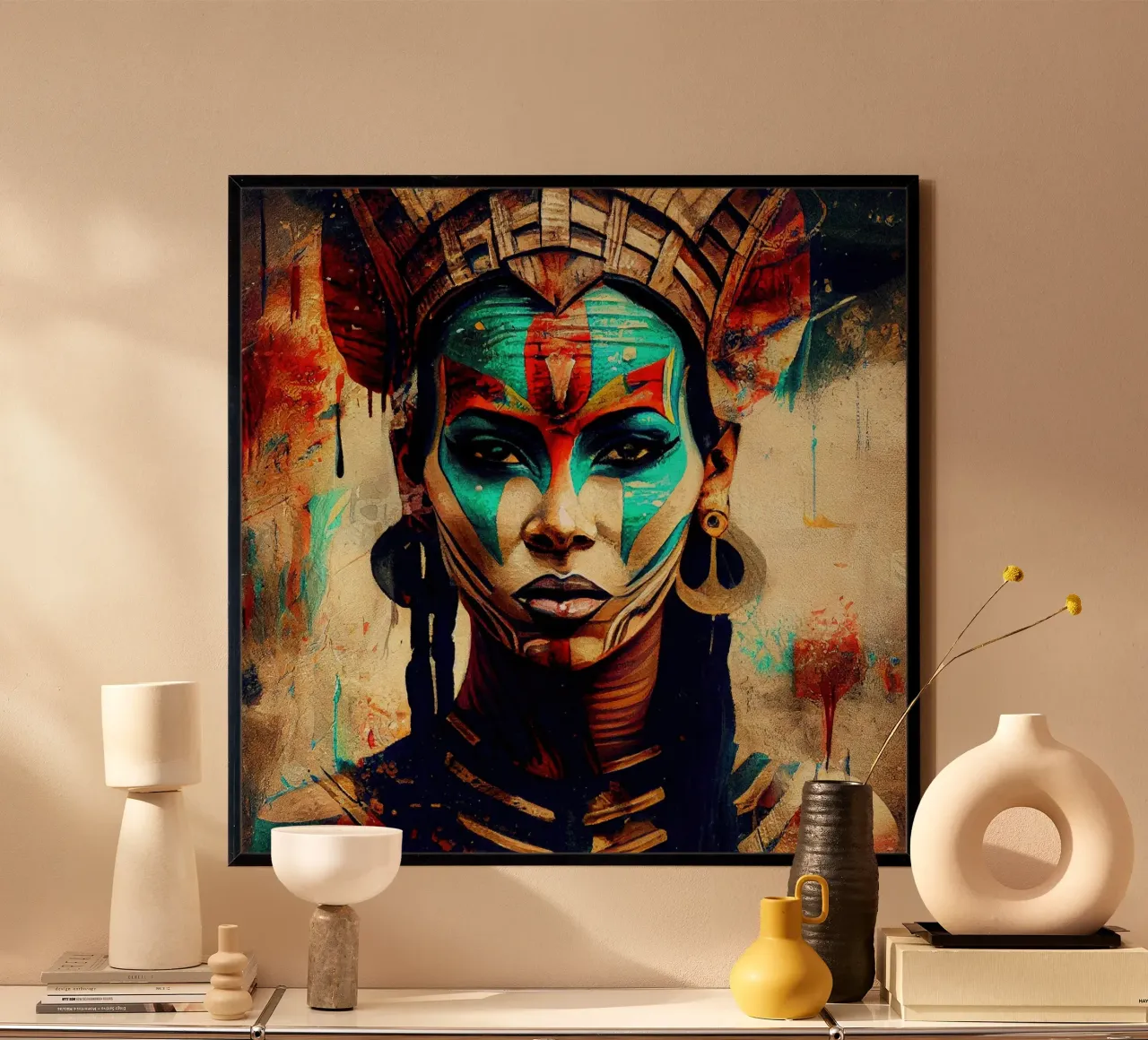 Puissante femme guerrière égyptienne poster avec cadre en bois de Chromatic Fusion Studio