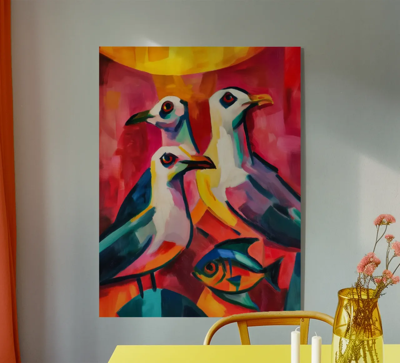 Tre gabbiani e un pesce | Pittura su tela plexiglass da Autofocus