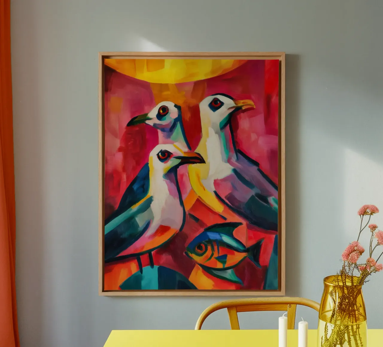 Drie meeuwen en een vis | Canvas Schilderij canvas met Baklijst van Autofocus