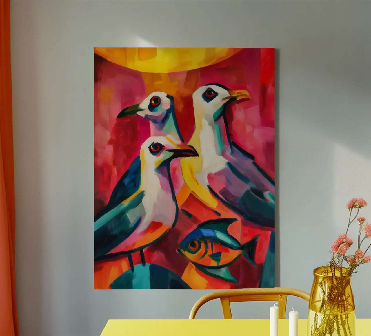 Drie meeuwen en een vis | Canvas Schilderij canvas met Baklijst van Autofocus