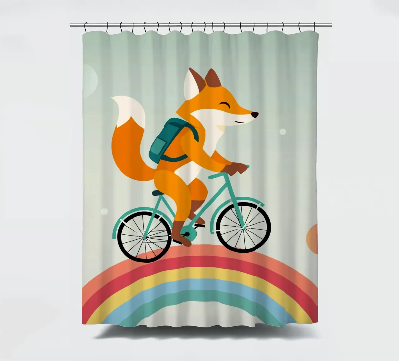 Fröhlicher Fuchs auf Fahrrad über Regenbogen Duschvorhang von namosh