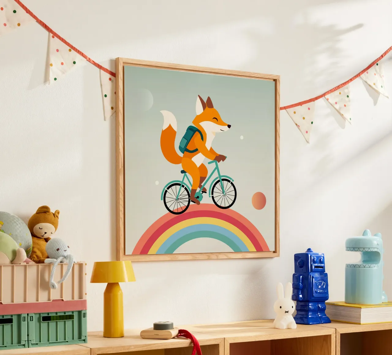 Volpe allegra in bicicletta sull'arcobaleno plexiglass da namosh