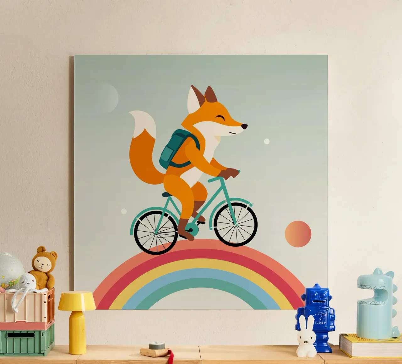 Volpe allegra in bicicletta sull'arcobaleno plexiglass da namosh