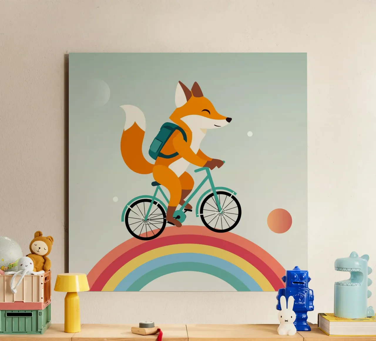 Volpe allegra in bicicletta sull'arcobaleno alluminio dibond da namosh