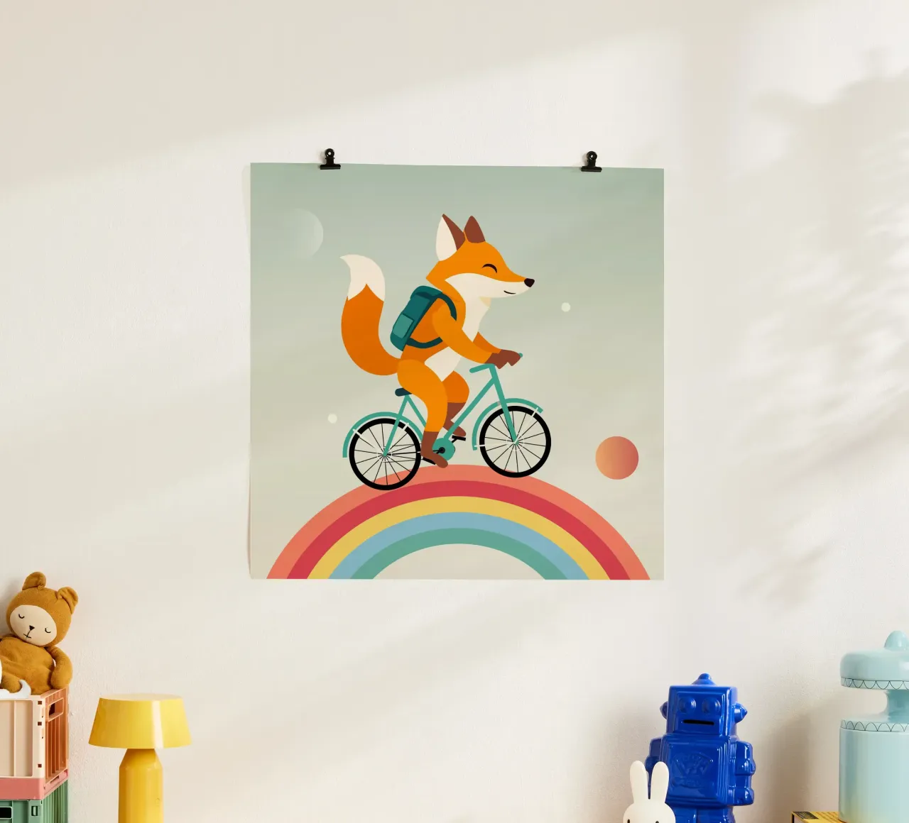 Volpe allegra in bicicletta sull'arcobaleno carta hahnemühle da namosh