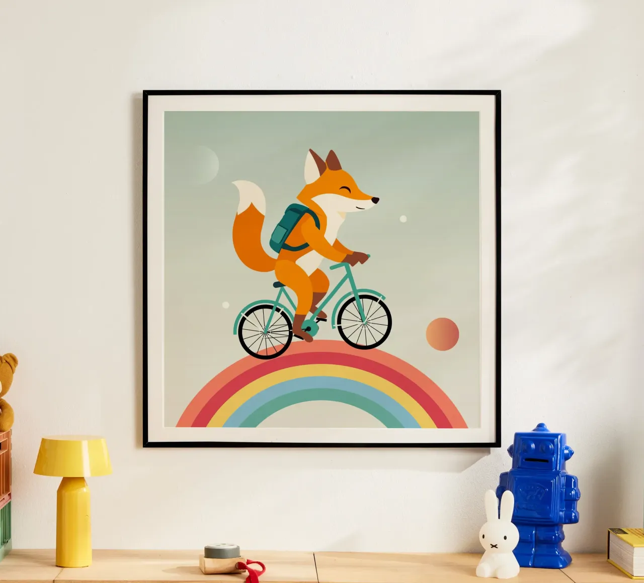 Volpe allegra in bicicletta sull'arcobaleno carta hahnemühle da namosh