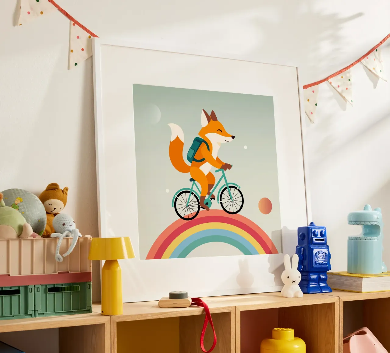 Volpe allegra in bicicletta sull'arcobaleno carta hahnemühle da namosh