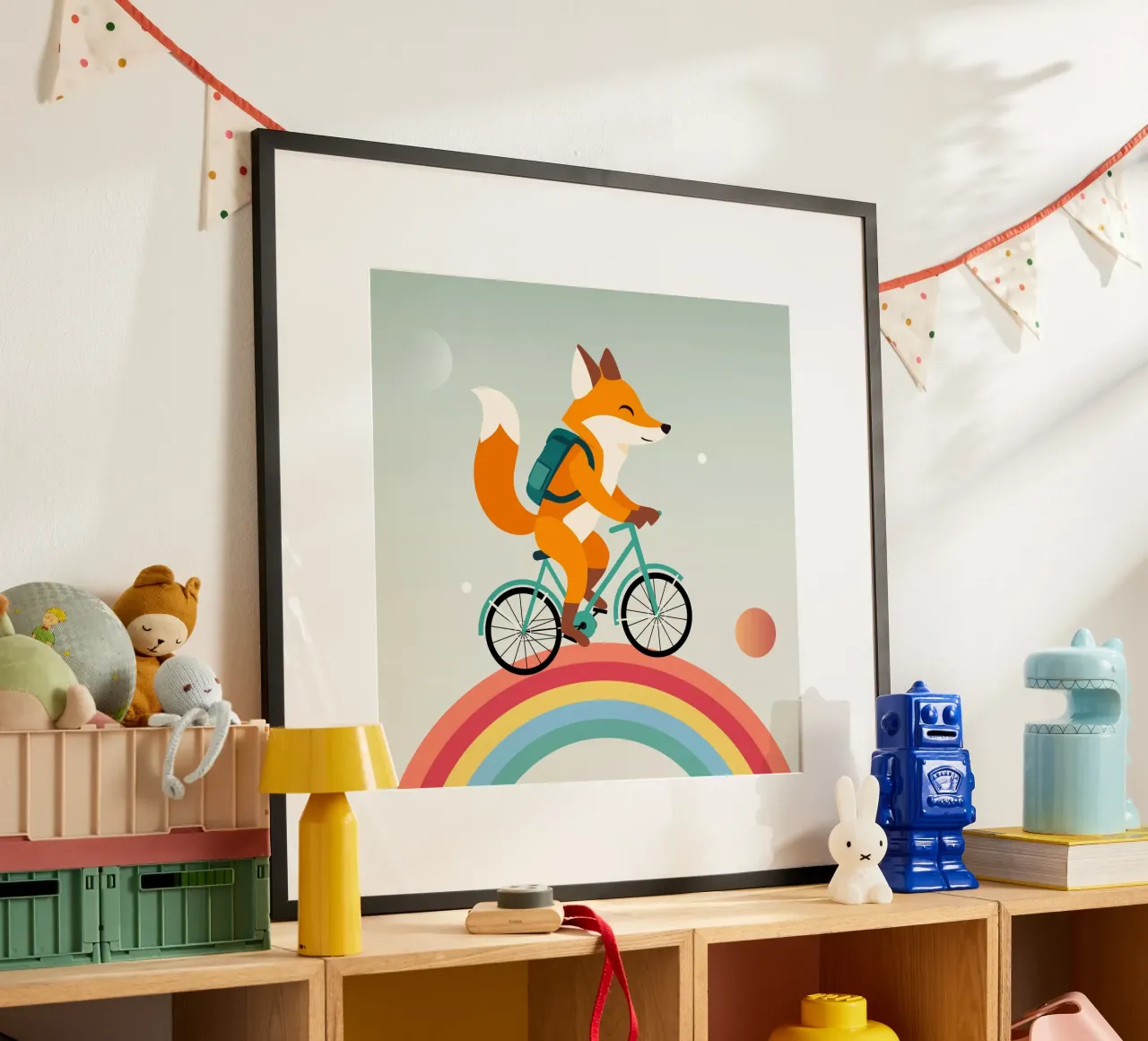 Volpe allegra in bicicletta sull'arcobaleno carta hahnemühle da namosh