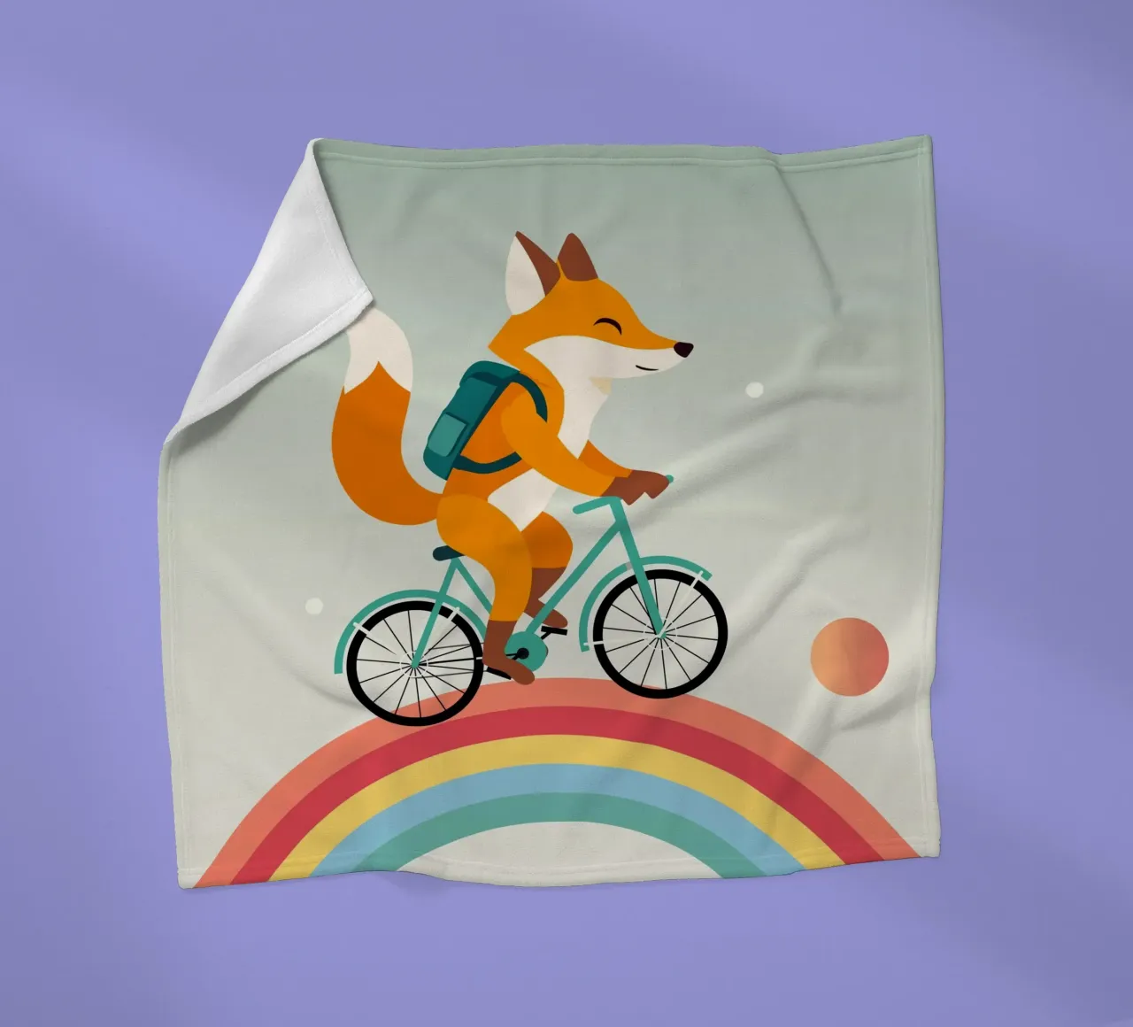 Fröhlicher Fuchs auf Fahrrad über Regenbogen Fleecedecke von namosh