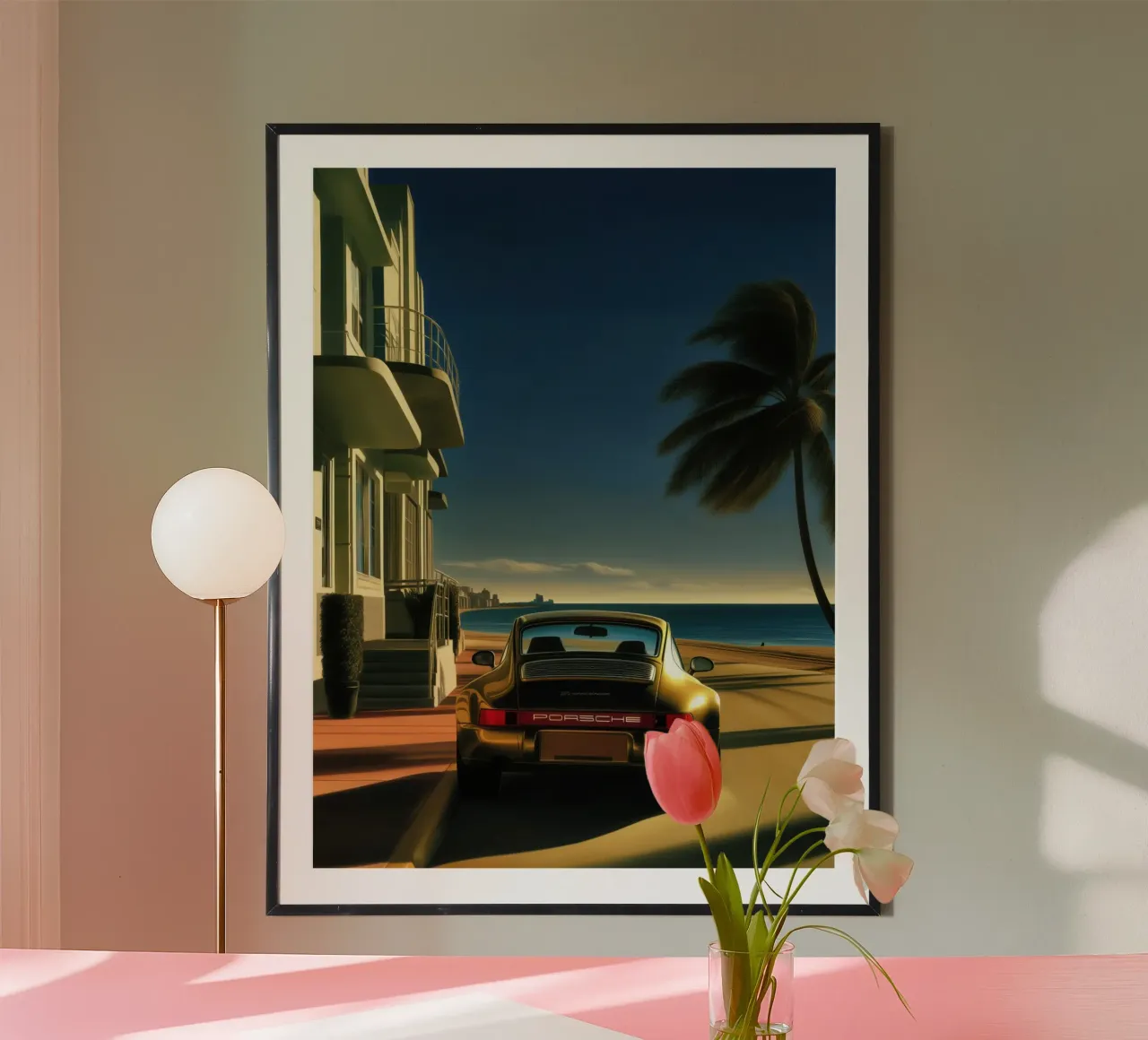 Porsche 911 d'oro su Ocean Drive | Pittura poster con telaio in alluminio da Autofocus