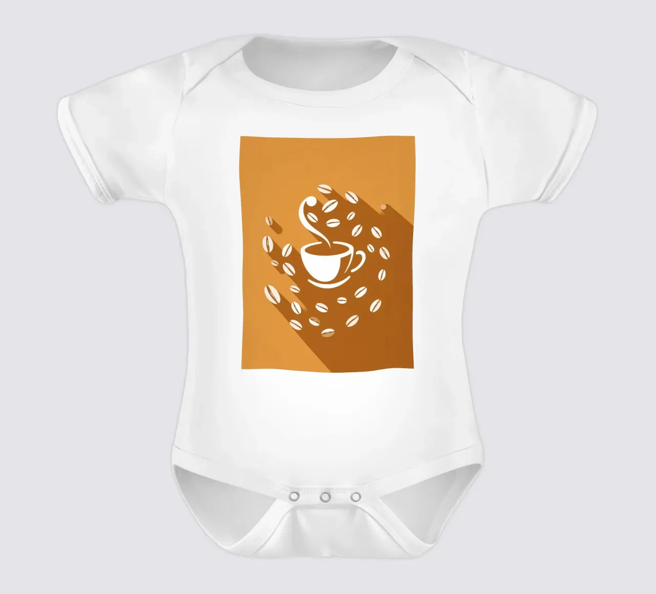 A steaming cup of coffee surrounded by scattered coffee bean short-sleeve baby romper by DesignDoodle