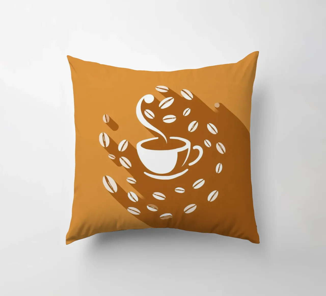 Una tazza di caffè fumante circondata da chicchi di caffè sparsi cuscino da DesignDoodle