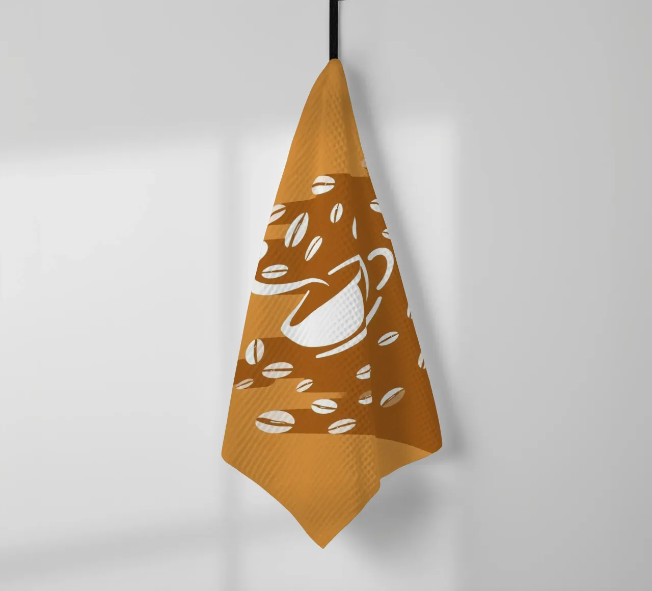 A steaming cup of coffee surrounded by scattered coffee bean tea towel by DesignDoodle