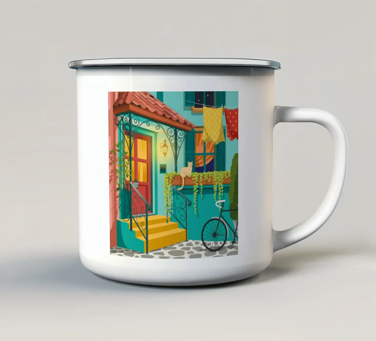 Accogliente fuga nel cortile tazza in smalto da Murni Strokes