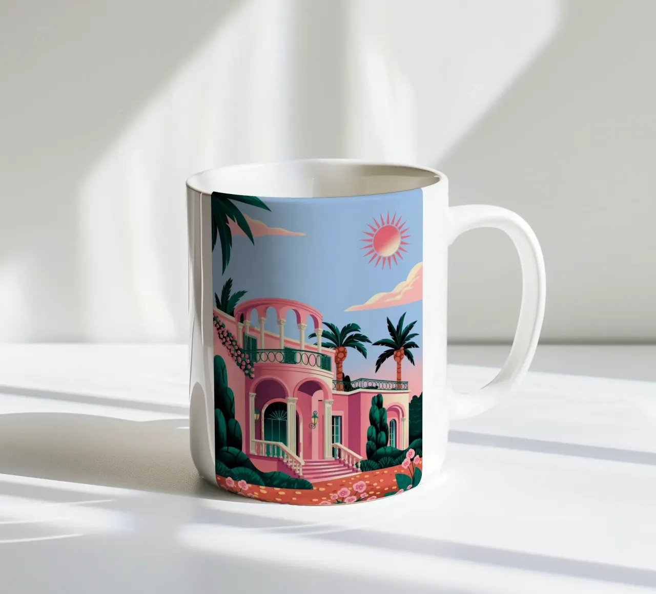 Pink Paradise Villa ceramic mug by Murni Strokes