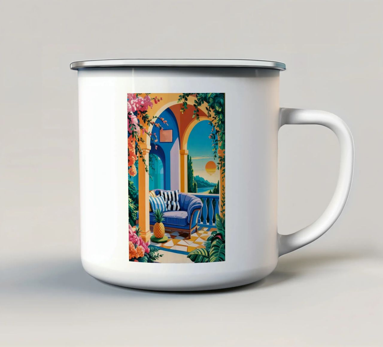 Vue sur l'arcade sereine mug en émail de Murni Strokes