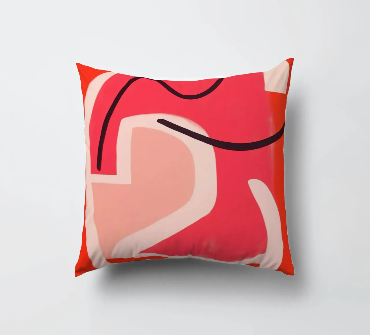 Minimalist abstract line art in red and pink decorative cushion by Autofocus