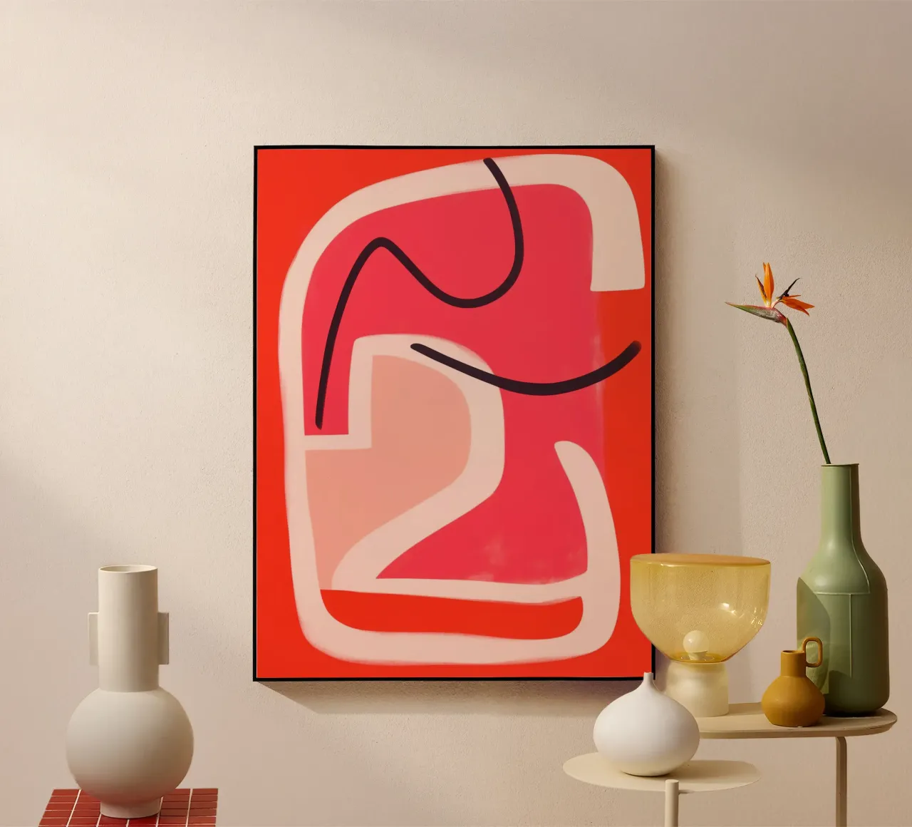 Minimalist abstract line art in red and pink acrylic glass by Autofocus