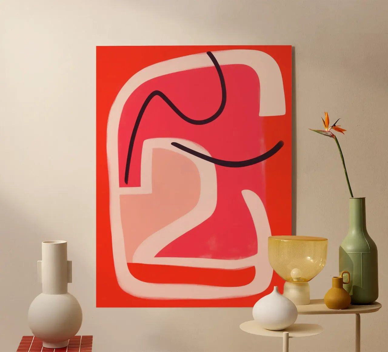 Minimalist abstract line art in red and pink acrylic glass by Autofocus