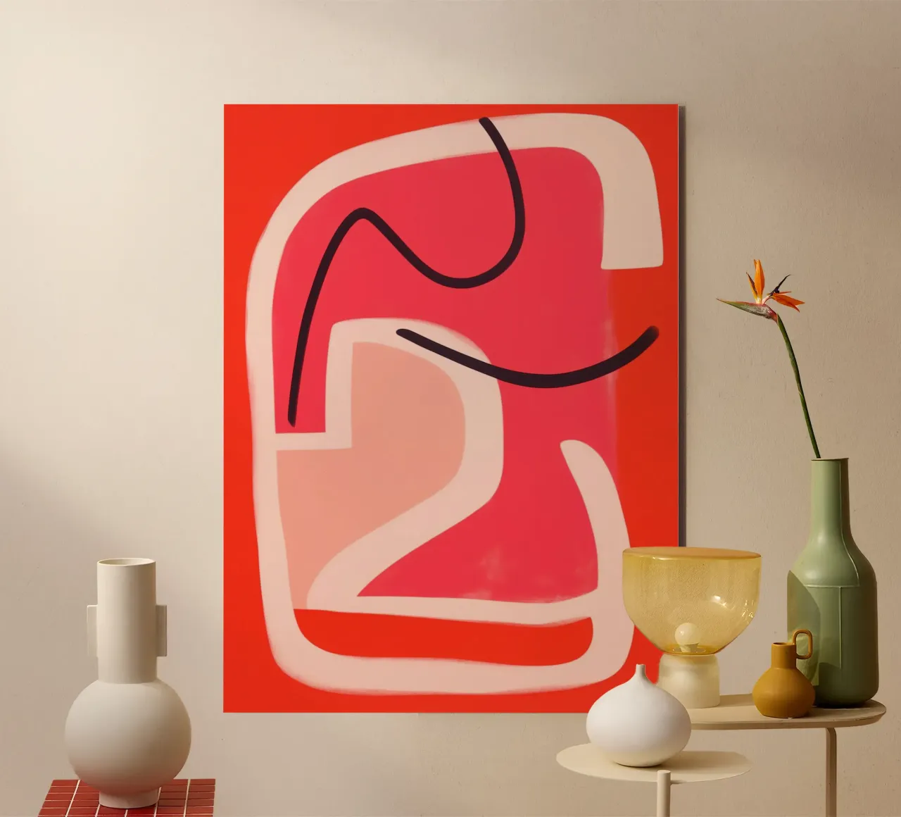 Minimalist abstract line art in red and pink alu-dibond by Autofocus