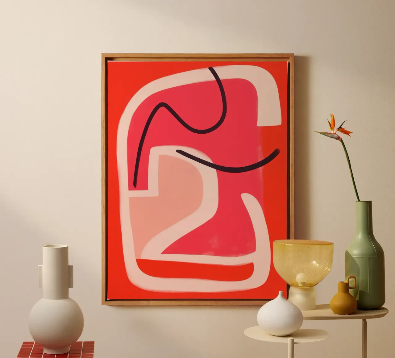Minimalist abstract line art in red and pink canvas by Autofocus