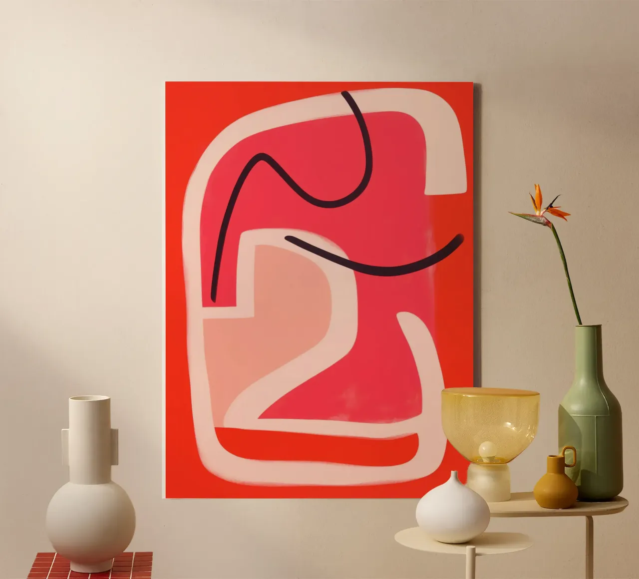 Minimalist abstract line art in red and pink canvas by Autofocus