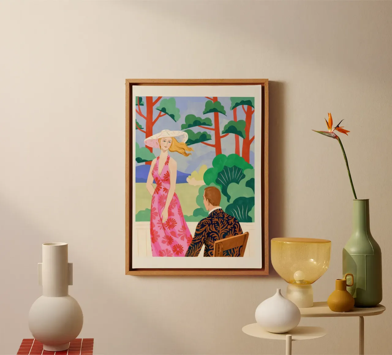 Elegant Garden Encounter canvas with Floater frame by Murni Strokes