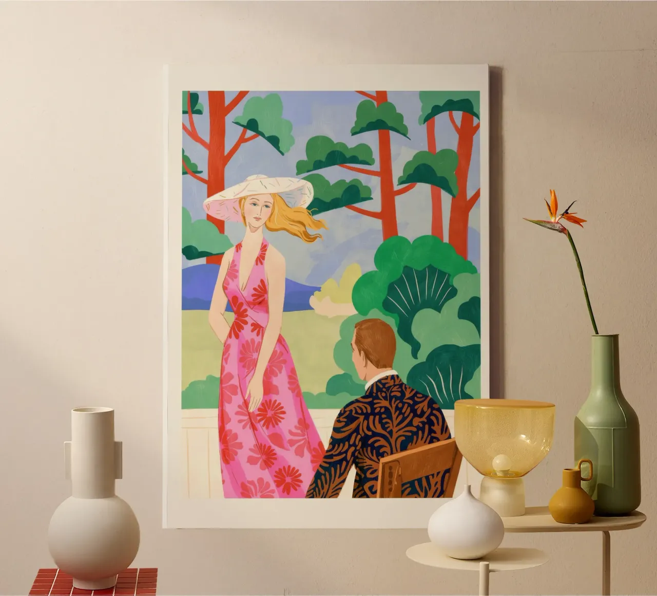 Elegant Garden Encounter canvas with Floater frame by Murni Strokes