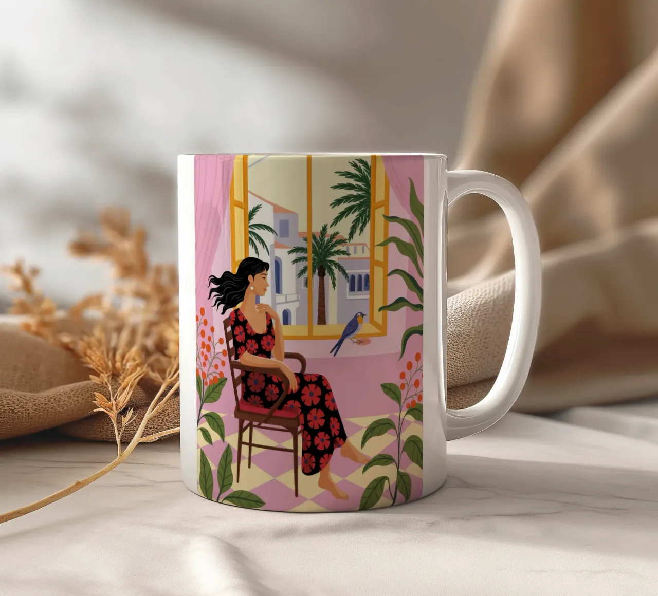 Riflessione serena sul balcone tazza in ceramica da Murni Strokes