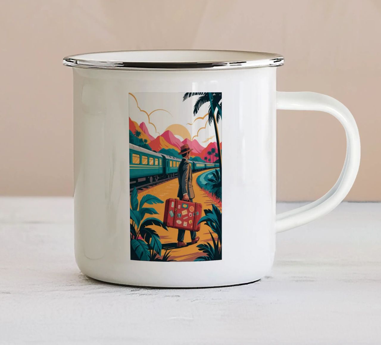 Viaggio in treno nostalgico tazza in smalto da Murni Strokes