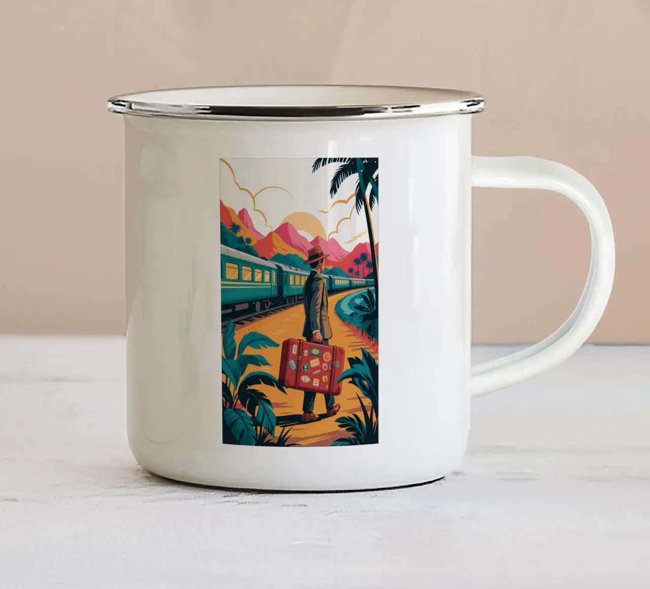 Nostalgic Train Journey enamel mug by Murni Strokes