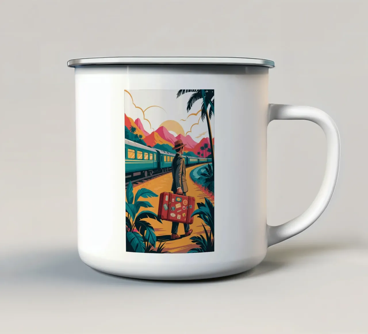 Nostalgic Train Journey enamel mug by Murni Strokes