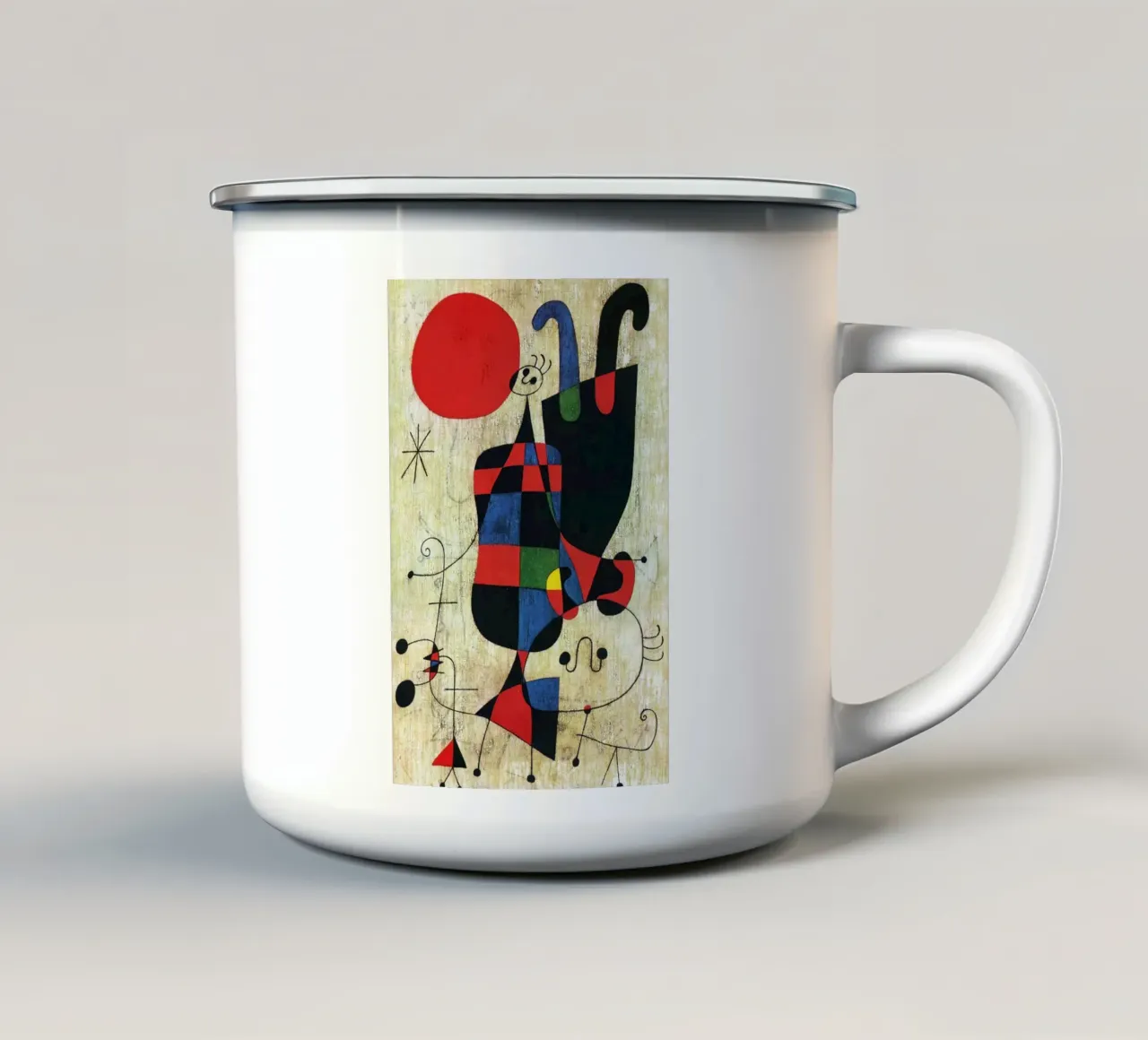 Figures et chien devant le soleil, 1949 Joan Miro mug en émail de phillipp veisenberg