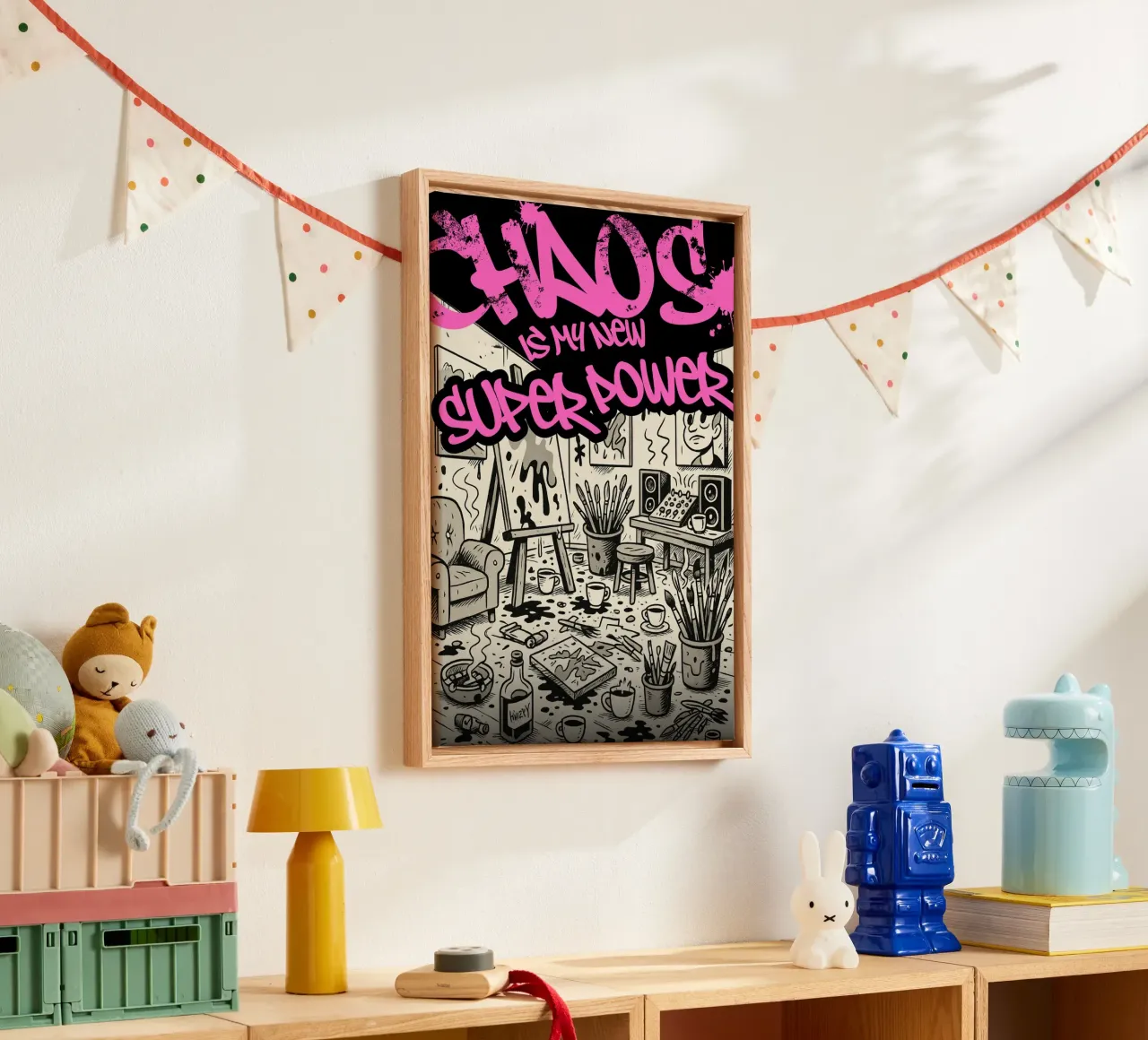 CHAOS IS MY NEW SUPER POWER Leinwand mit Schattenfugenrahmen von Einfach Uebel