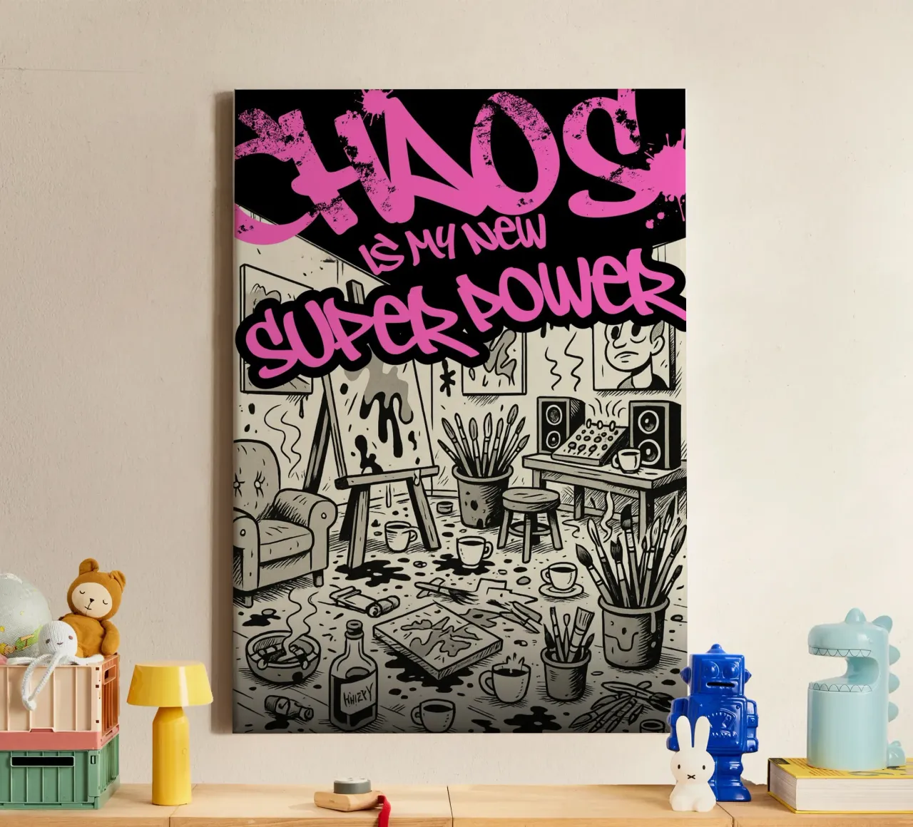 CHAOS IS MY NEW SUPER POWER Leinwand mit Schattenfugenrahmen von Einfach Uebel