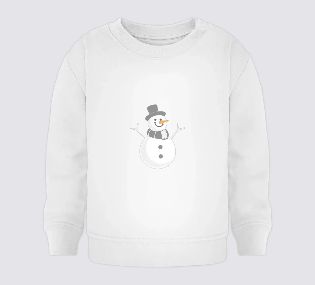 Un allegro pupazzo di neve che indossa un cappello nero e una sciarpa grigia felpa neonato da DesignDoodle