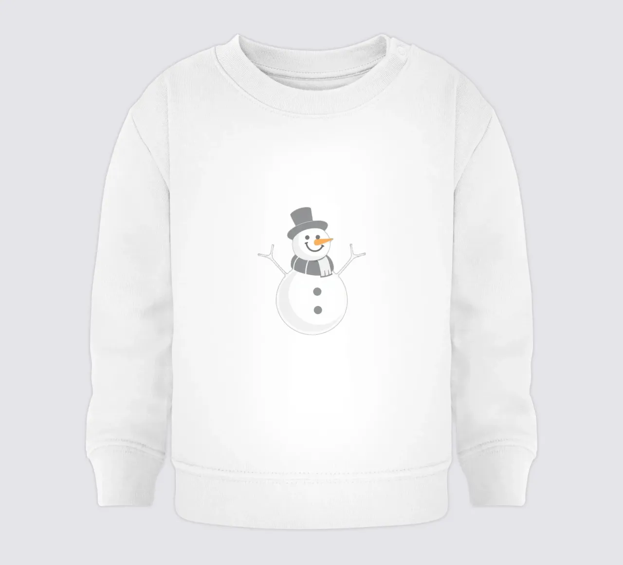 Un allegro pupazzo di neve che indossa un cappello nero e una sciarpa grigia felpa neonato da DesignDoodle