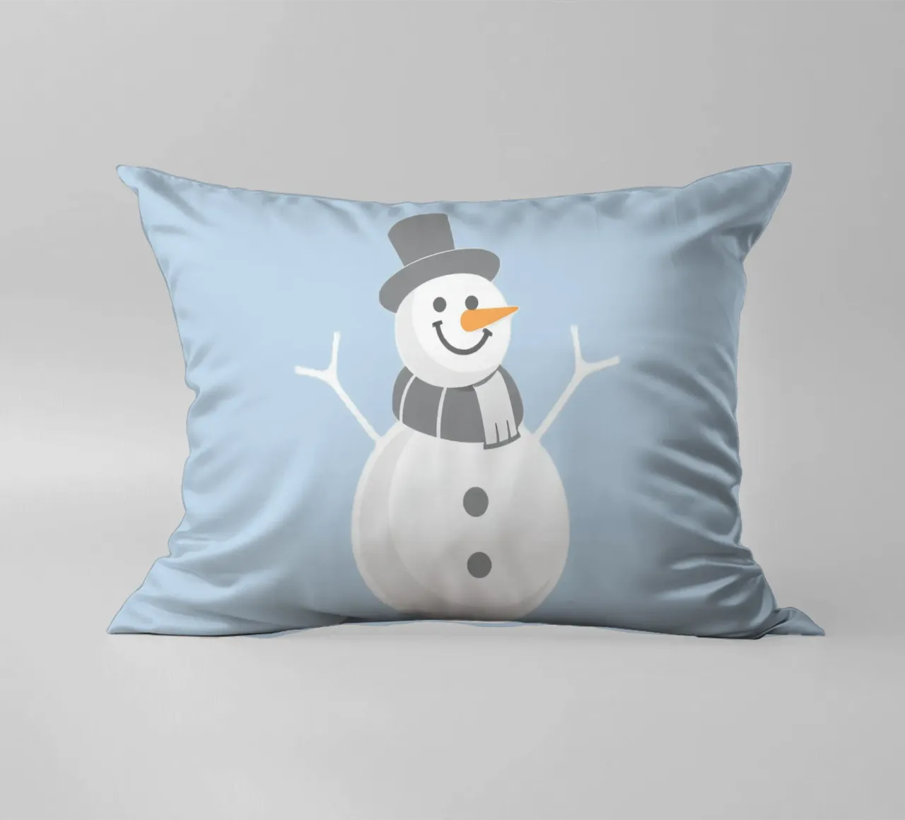 Un allegro pupazzo di neve che indossa un cappello nero e una sciarpa grigia cuscino da DesignDoodle