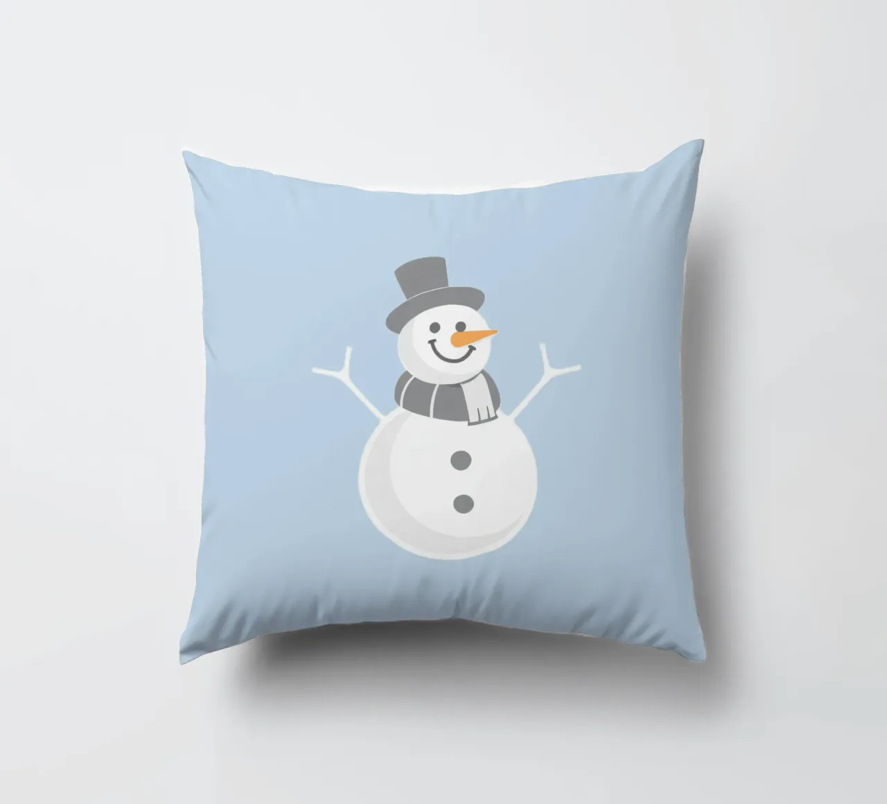 Un allegro pupazzo di neve che indossa un cappello nero e una sciarpa grigia cuscino da DesignDoodle