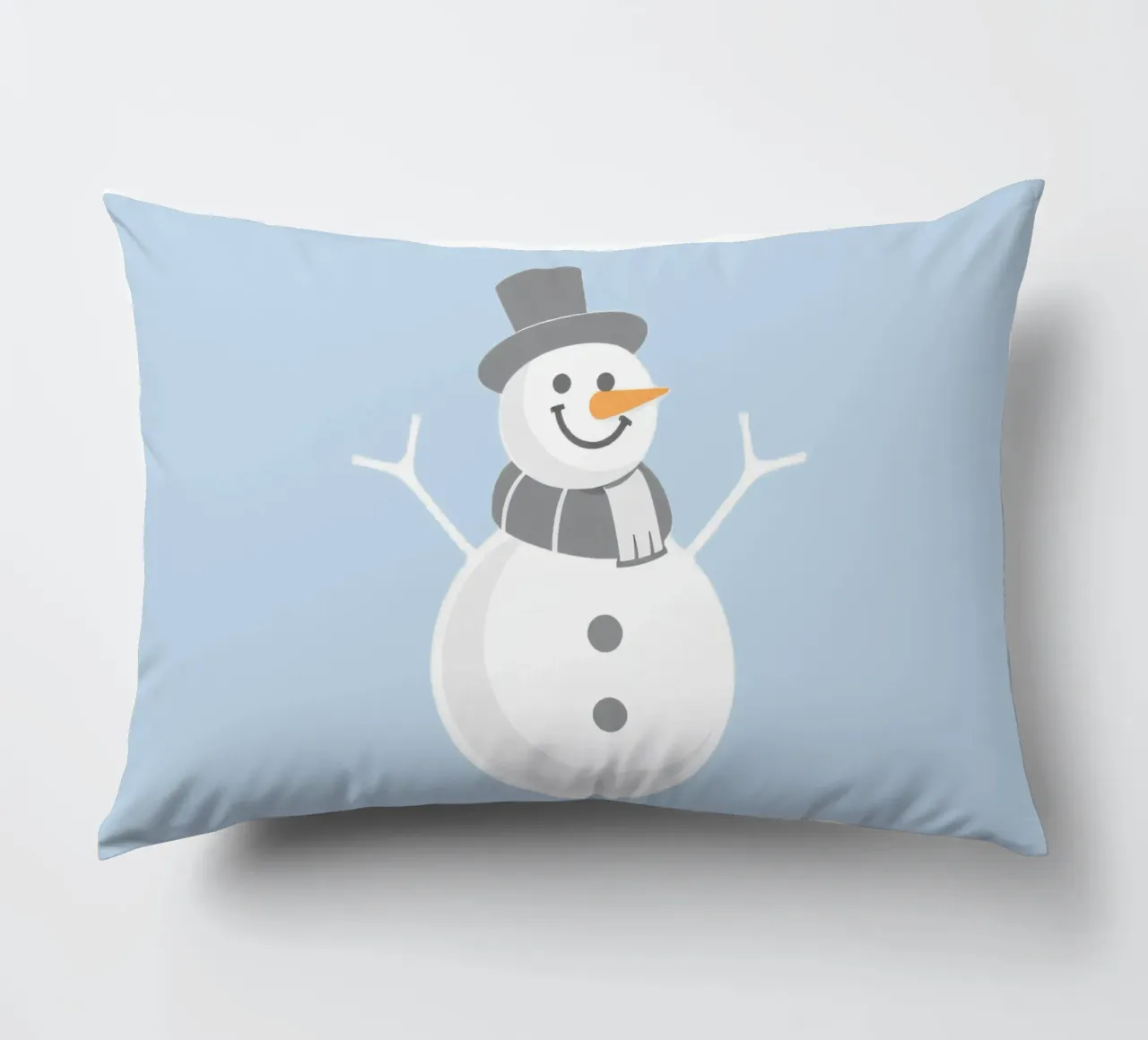 Un allegro pupazzo di neve che indossa un cappello nero e una sciarpa grigia cuscino da DesignDoodle