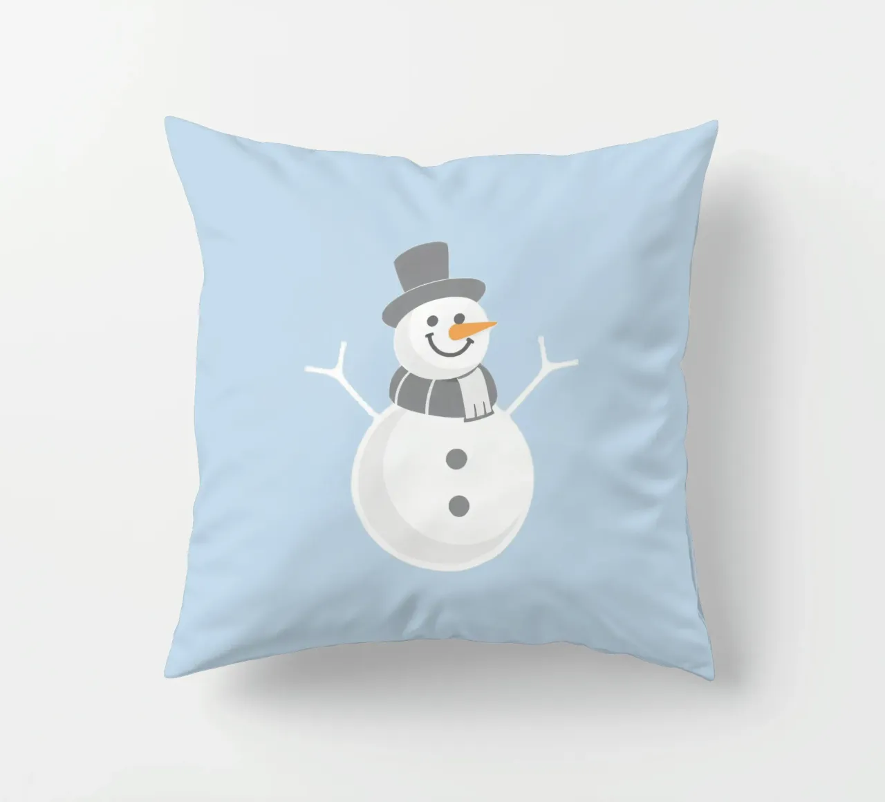 Un allegro pupazzo di neve che indossa un cappello nero e una sciarpa grigia cuscino da DesignDoodle