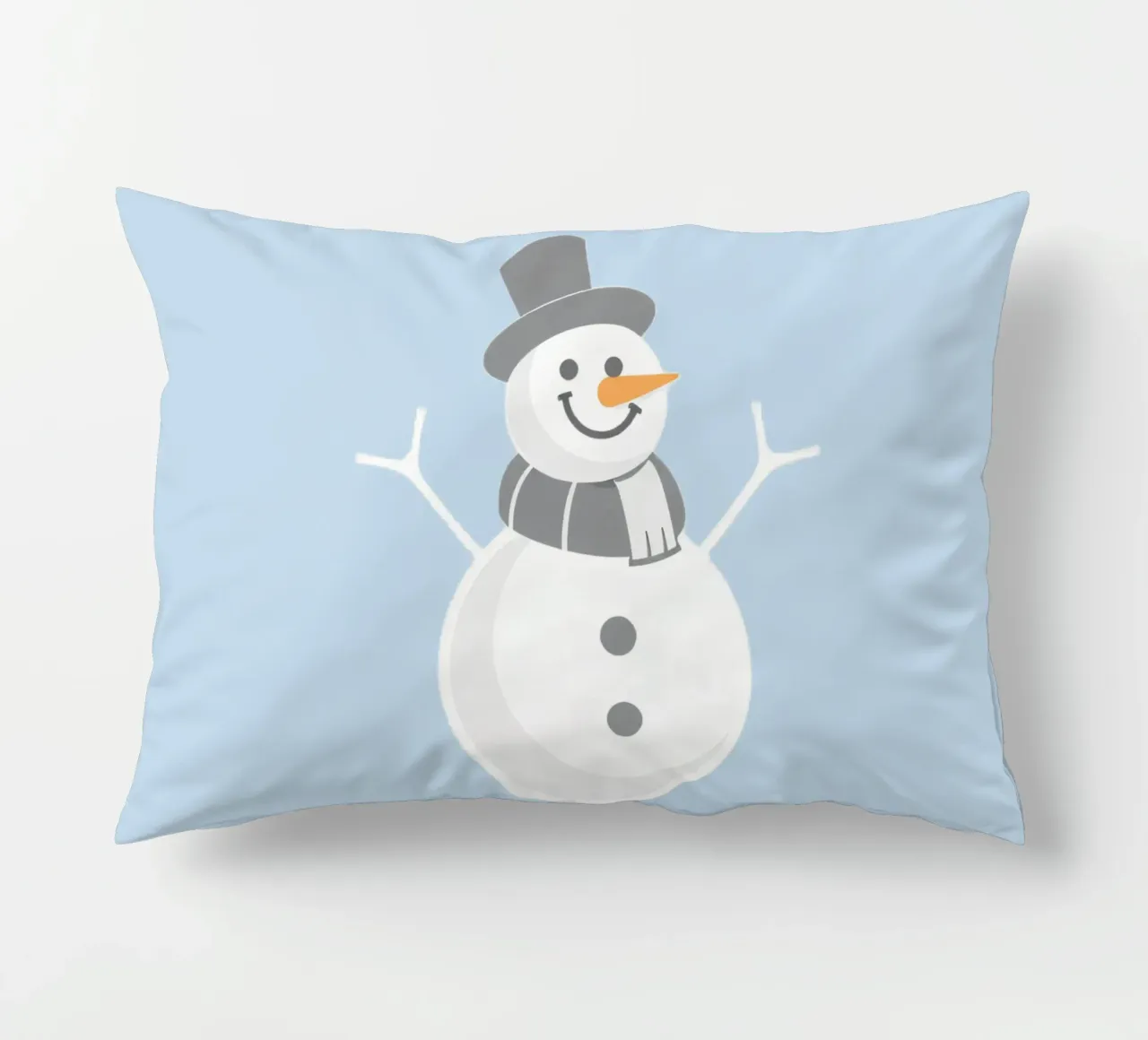 Un allegro pupazzo di neve che indossa un cappello nero e una sciarpa grigia cuscino da DesignDoodle